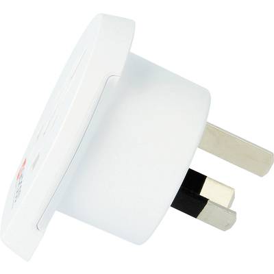 Een witte adapter met drie metalen pennen voor gebruik in stopcontacten, zijaanzicht.
