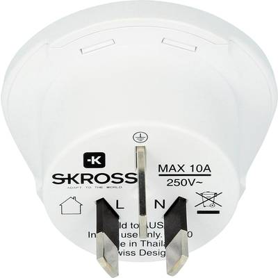 Adapterstekker van Skross met twee metalen pinnen en technische specificaties: 'MAX 10A, 250V'. Uitsluitend voor gebruik binnenshuis.