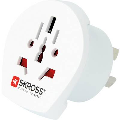 Witte SKROSS reisadapter-stopcontact voor verschillende landstekkers; ontworpen als universele adapter met opvouwbare stekkontacten.