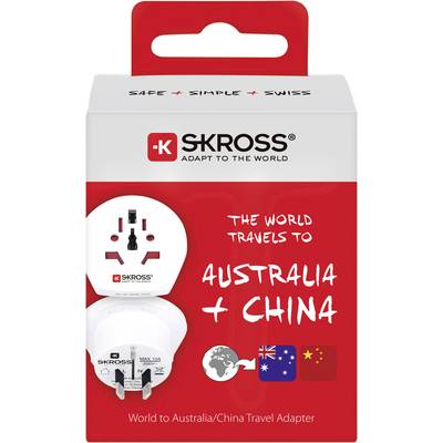 Reisadapter van SKROSS voor Australië en China. Witte adapter in rode verpakking met vlaggen van Australië en China.