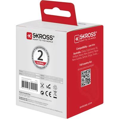 Verpakking van een SKROSS-reisadapter. Toont compatibiliteitslanden en QR-code voor volledige landenlijst. Geschikt voor wereldwijd gebruik.
