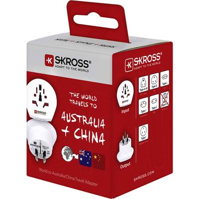 Reisadapter-verpakking van Skross voor Australië en China. Toont input- en output-stopcontacten en de vlaggen van Australië en China.