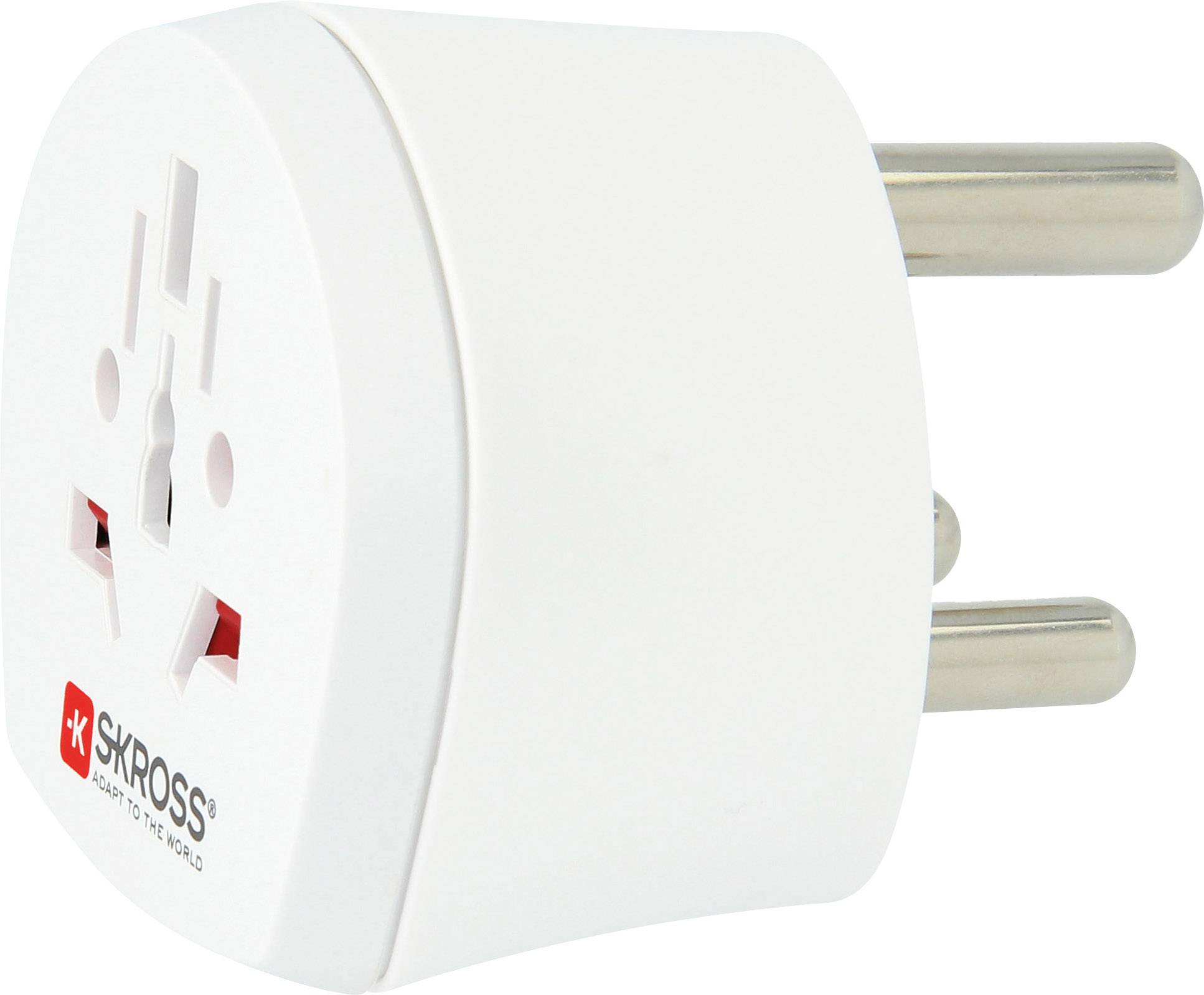 Skross-adapter, wit, met internationale aansluiting en twee ronde pinnen voor Europese stopcontacten, geschikt voor reizigers.