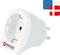 Skross-adapterplug voor Europese apparaten voor gebruik in Denemarken. Toont EU- en Deense vlaggen in de hoek.