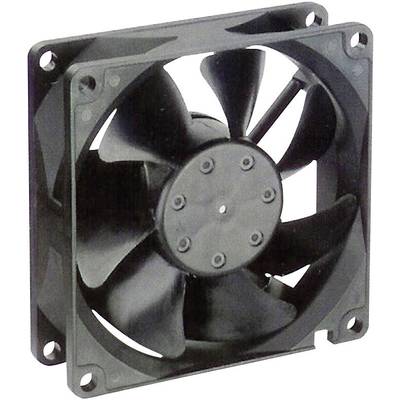 Vierkante zwarte ventilator met vijf rotorbladen, vaak gebruikt voor koeling van computerhardware of elektronische apparaten.