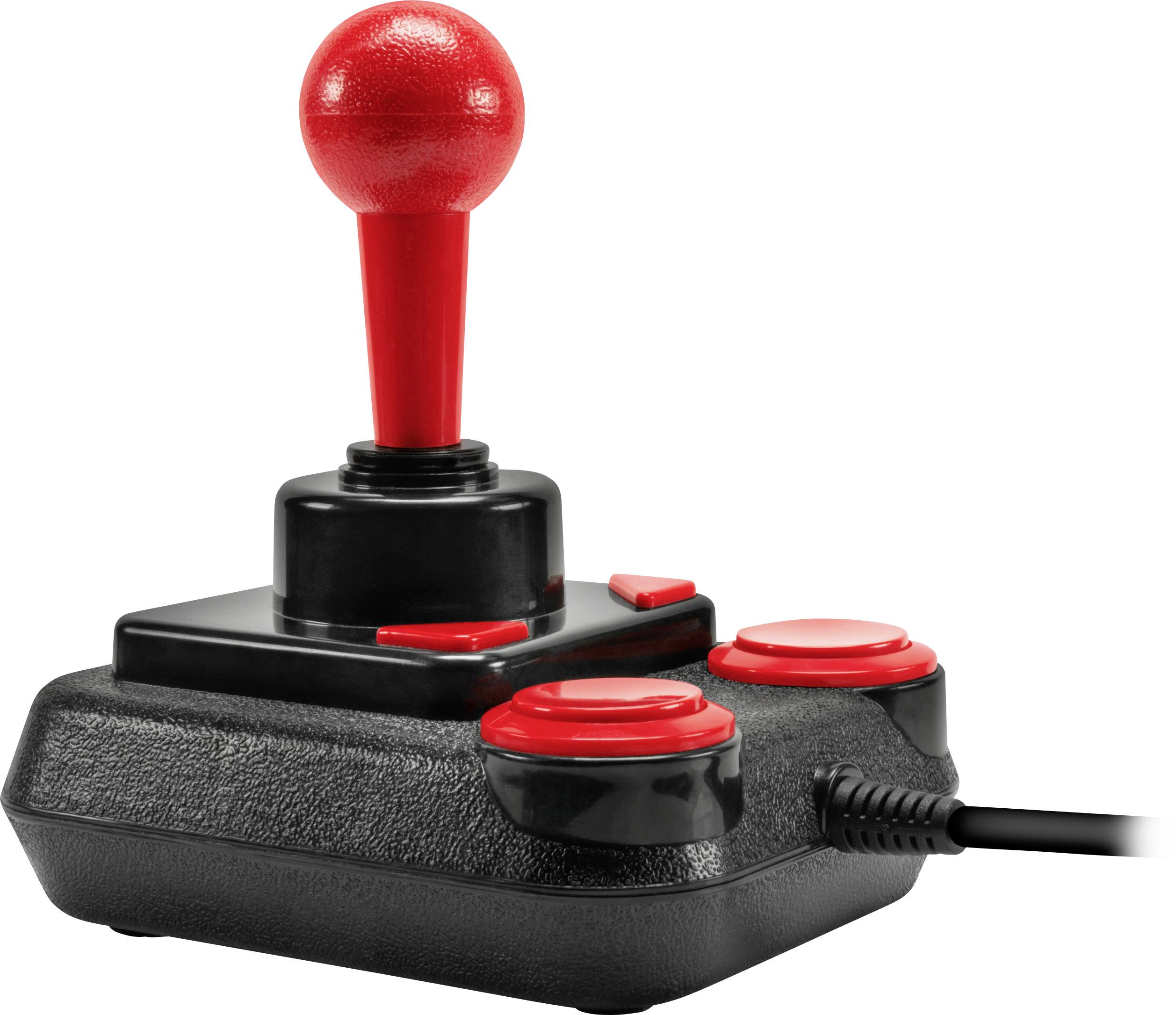 Een retro-joystick met een rode greep en knoppen, zwart-rood design, met kabel.