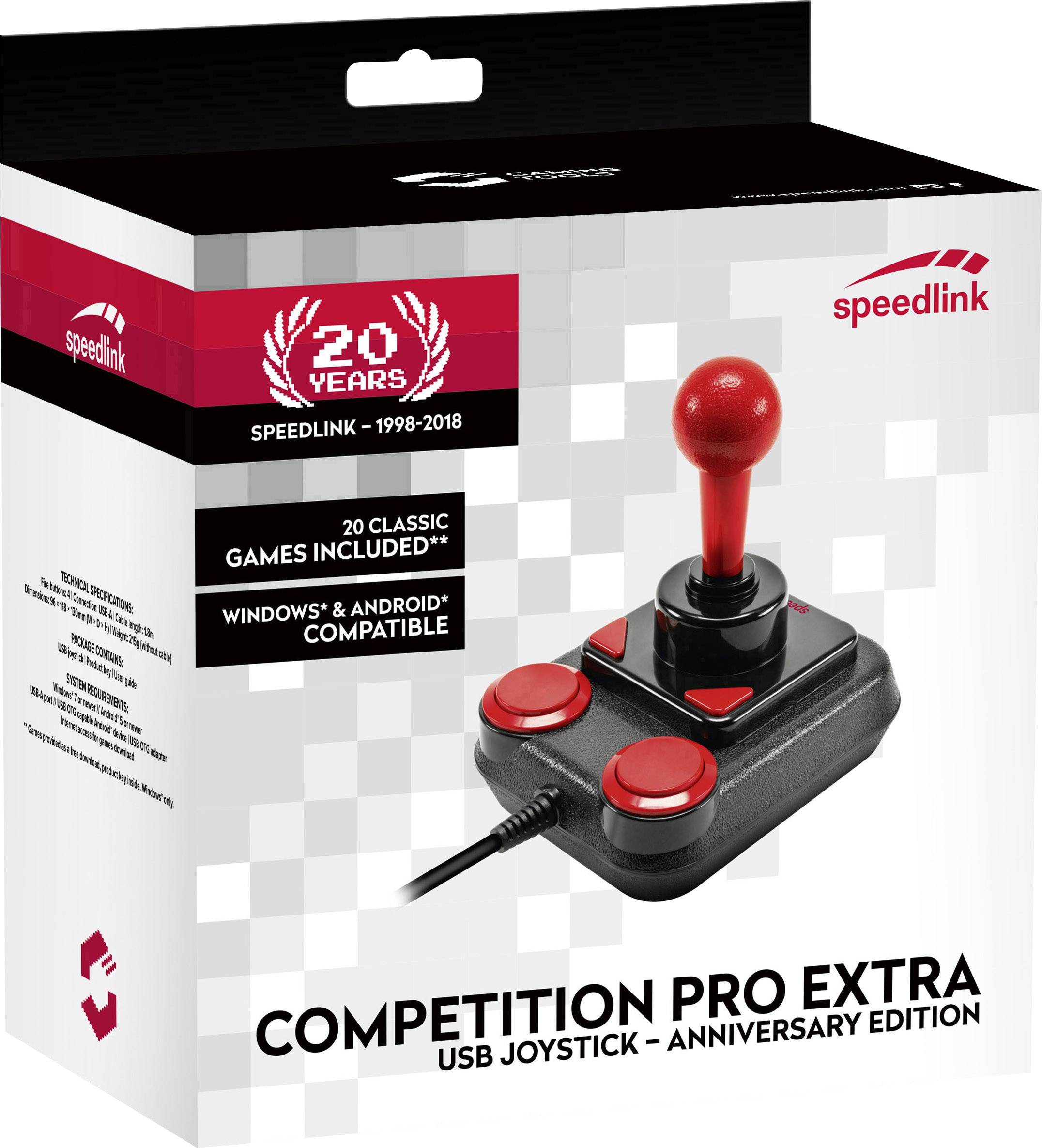 Verpakking van een Speedlink Competition Pro Extra USB-joystick, speciale editie ter gelegenheid van het 20-jarig jubileum. Geschikt voor Windows en Android.