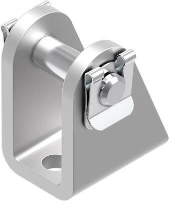 Een zilveren metalen bevestiging met een cilindrische pen, geschikt voor mechanische constructies of machinemontagepunten.