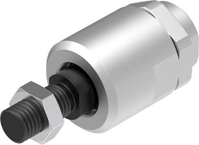 Een zilveren cilindrische bevestiging met een zwarte schroef met schroefdraad en moer, mogelijk een mechanisch onderdeel.