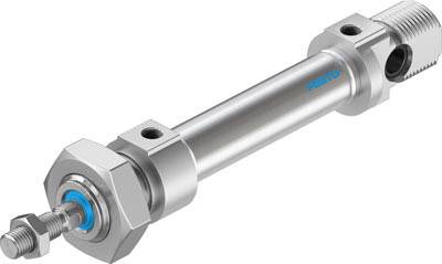 Een cilindrische pneumatische cilinder van metaal met bevestigingselementen aan beide uiteinden, gekenmerkt door 'Festo'.