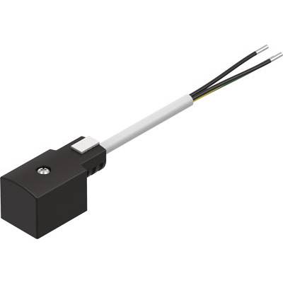 Zwarte elektrische sensor met kabelaansluiting, twee zichtbare draden.