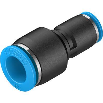 Zwarte en blauwe pneumatische connector van Festo. Gebruikt voor persluchtapplicaties om slangen veilig te verbinden.