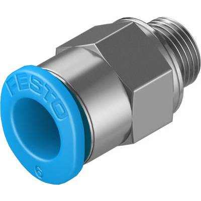 Kunststof steekverbinder met blauwe aansluiting en zilveren metalen schroefdraad, gebruikt in pneumatische systemen.