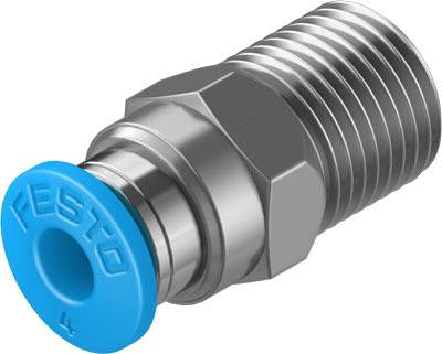 Een zilveren metalen aansluiting met een blauwe kunststof afsluiting draagt het opschrift 'Festo'.