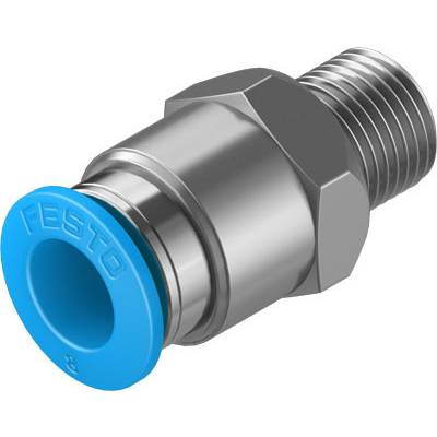 Een zilveren metalen onderdeel met een blauwe kunststofring; een Festo pneumatische aansluitingscomponent. Geschikt voor persluchtverbindingen.