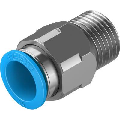 Metalen snelkoppeling met blauwe kunststofring, die wordt gebruikt in pneumatische systemen.