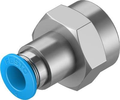 Een metalen steekverbinding met een blauwe kunststof rand toont een voorziening voor het verbinden van slangen of buizen.