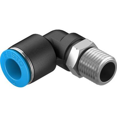 Een kunststof-metaal adapter in L-vorm voor buisverbindingen. Links een blauwe aansluiting, rechts een zilveren schroefdraad.