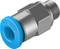 Metalen schroefverbinding met een blauwe kunststofring en binnendraad, gebruikt voor pneumatische aansluitingen in technische toepassingen.