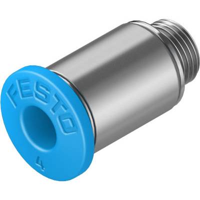 'Buissteekaansluiting van Festo van roestvrij staal met blauwe rubberen dop. Wordt gebruikt voor pneumatische toepassingen.'