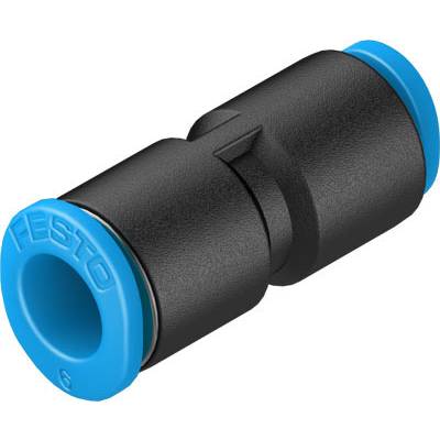 Ronde kunststof connector met blauwe uiteinden, voor het aansluiten van buizen of slangen, veelal gebruikt in pneumatische systemen.
