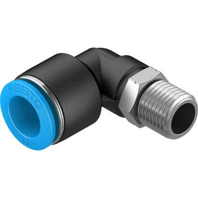 'Zwarte L-stuk-adapter met blauwe aansluiting en metalen schroefdraad aan de rechterkant, waarschijnlijk voor pneumatische systemen.'
