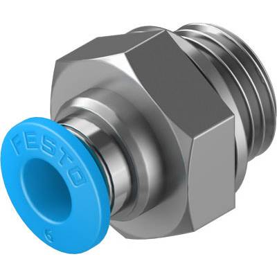 Metalen stekkerverbinding met blauw gemarkeerde aansluiting. 'FESTO' markering zichtbaar. Gebruikt voor pneumatische systemen en toepassingen.