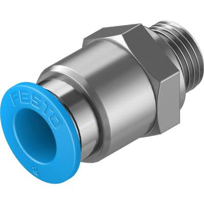 Metalen pneumatische aansluiting met grijze zeskantbout en blauw uiteinde waarop 'FESTO' staat.