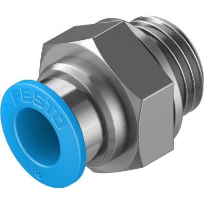 Metalen steekaansluiting met blauwe kunststof rand, geschikt voor pneumatische systemen. Opschrift 'Festo' op het blauwe deel.