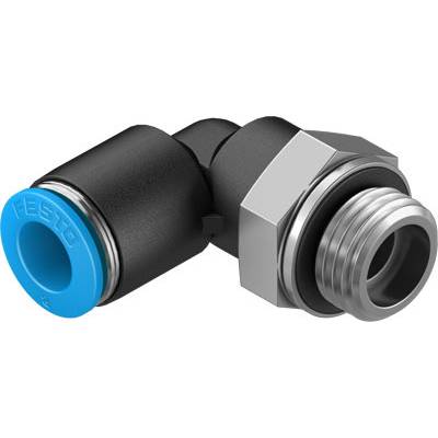 Een pneumatische 90-graden hoekverbinding met een blauwe uiteinde en een metalen schroefdraad aan de andere kant, van Festo.