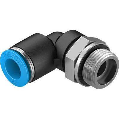 Zwarte hoekverbinding met blauwe afdekdop en zilveren schroefdraad, specifiek voor pneumatische aansluitingen.