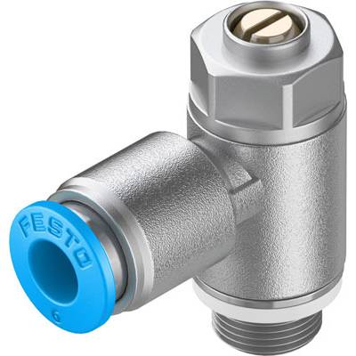 Een hoekverbinding van metaal met een blauwe dop en "Festo"-opschrift, wordt gebruikt voor het verbinden van pneumatische componenten.