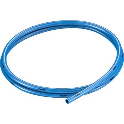 Blauwe kunststof slang van Festo, opgerold.