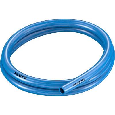 Blauwe kunststofslang, opgerold, met opdruk 'Festo'.
