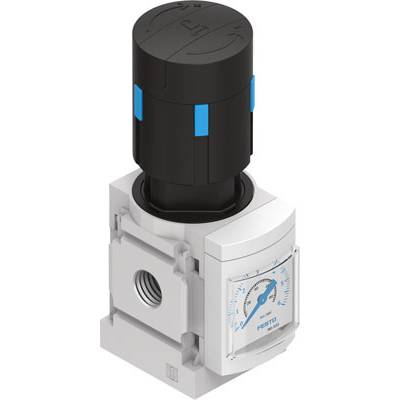 Drukregelaar met manometer, toont drukmeetschaal. Zwart behuizing, wit basisgedeelte; blauwe accenten. Gebruikt voor het regelen van perslucht.