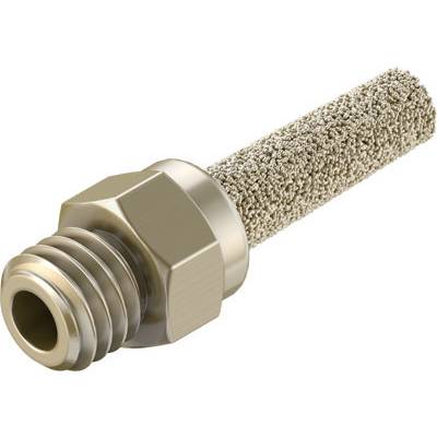 Een cilindrische, poreuze geluiddemper van metaal met een schroefverbinding, vaak gebruikt in pneumatische systemen om geluid te reduceren.