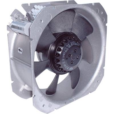Metalen ventilator met vijf schoepen en elektromotor, geschikt voor industriële koeling en ventilatie.