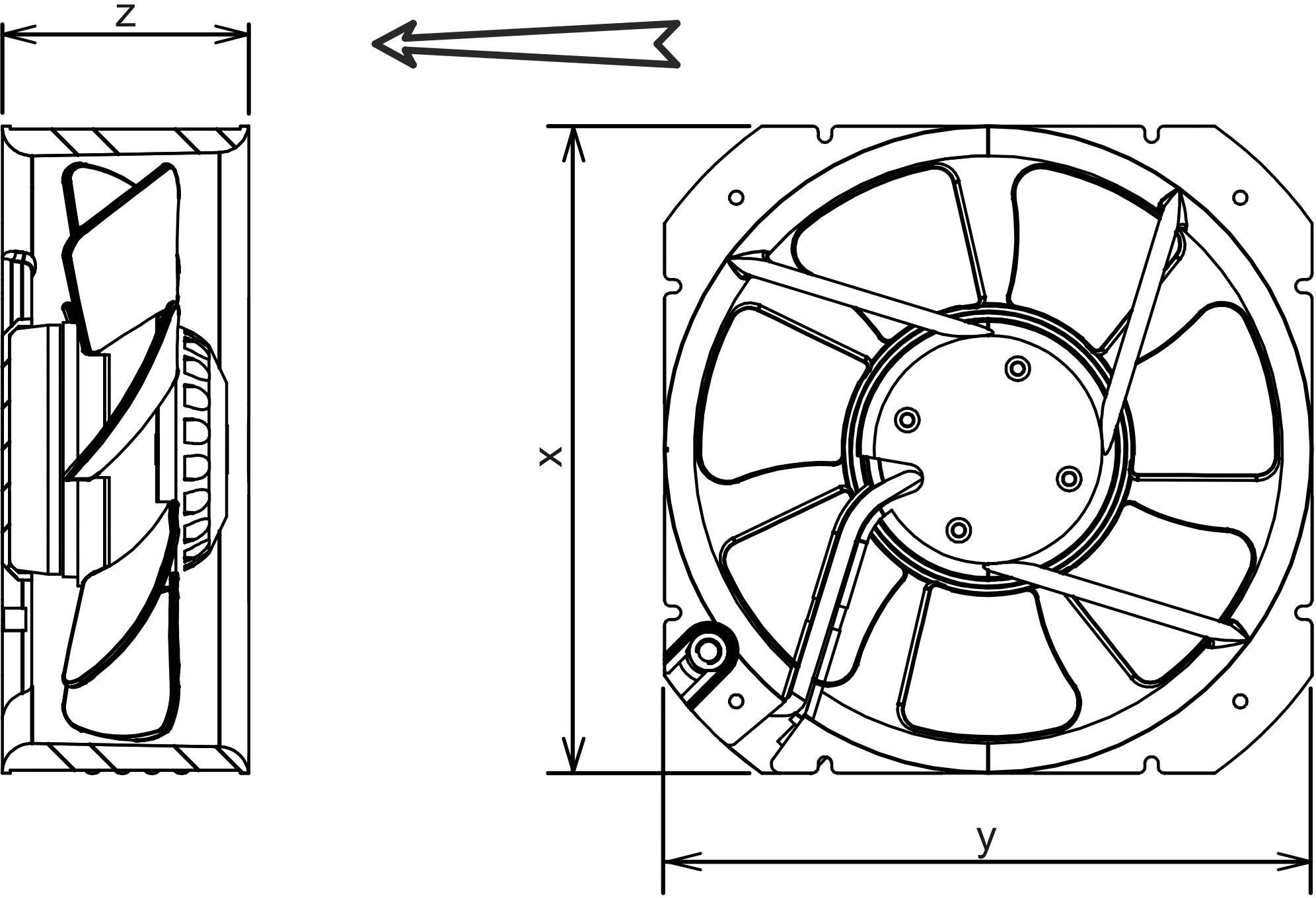 'Technische tekening van een ventilator met zij- en vooraanzicht. Afmetingen zijn gemarkeerd met 'x', 'y' en 'z'.'