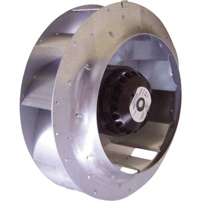 Een ronde metalen ventilator met zichtbare schoepen en een centrale motor. Gebruikt voor industriële ventilatiesystemen.