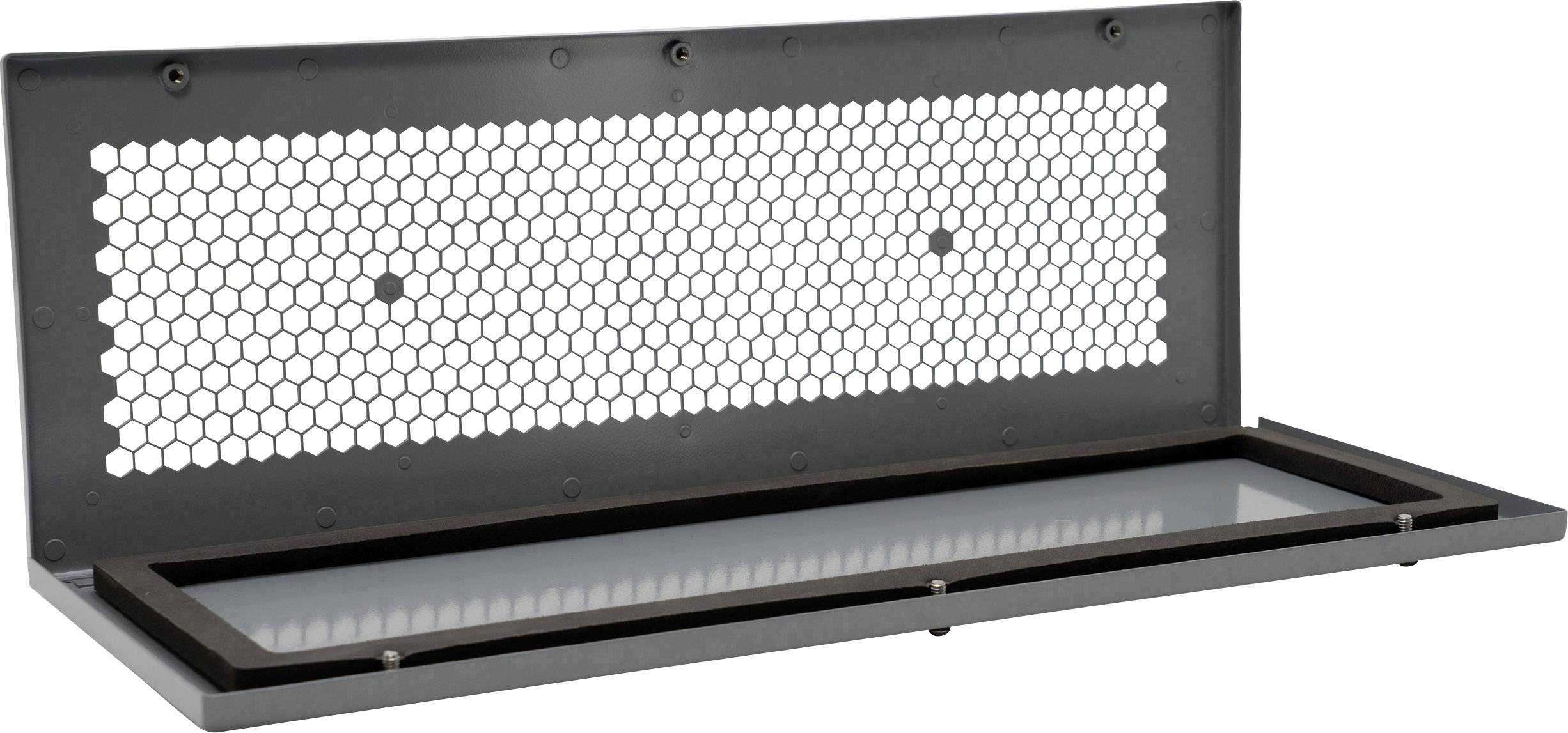 'Een rechthoekige ventilatieklep met zeshoekig honingraatontwerp voor luchtcirculatie, geschikt voor een ventilatiesysteem.'