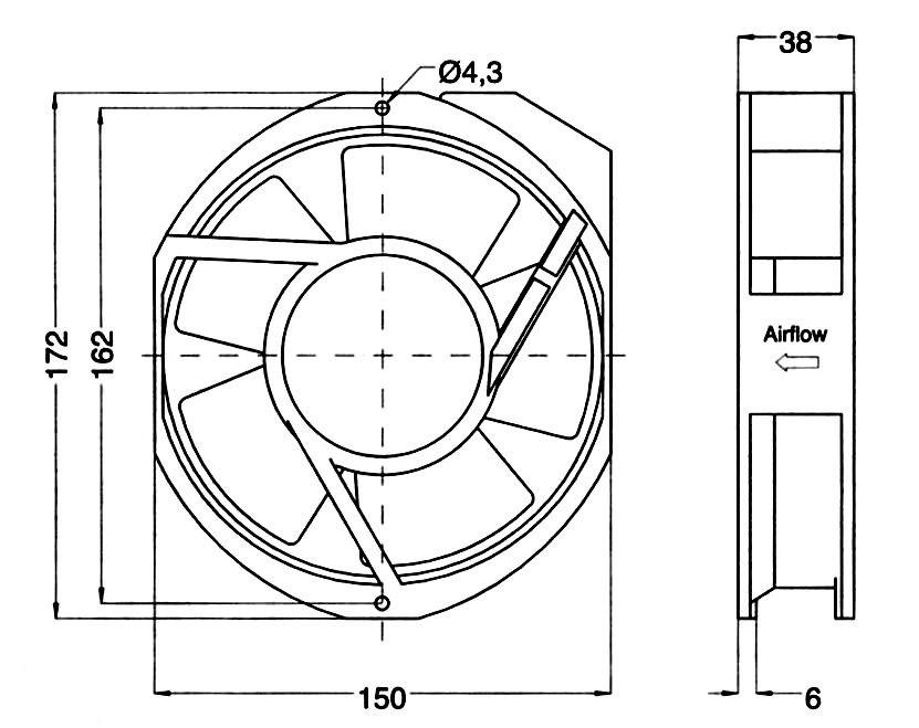 Technische tekening van een ventilator met afmetingen: 172x150x38 mm. Luchtstromingsrichting aangegeven.
