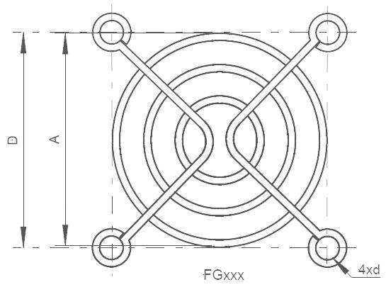 Afbeelding van een technische tekening van een rond ventilatierooster met afmetingen D, A en gatgrootte 4xd. In het midden gemarkeerd: 'FGxxx'.