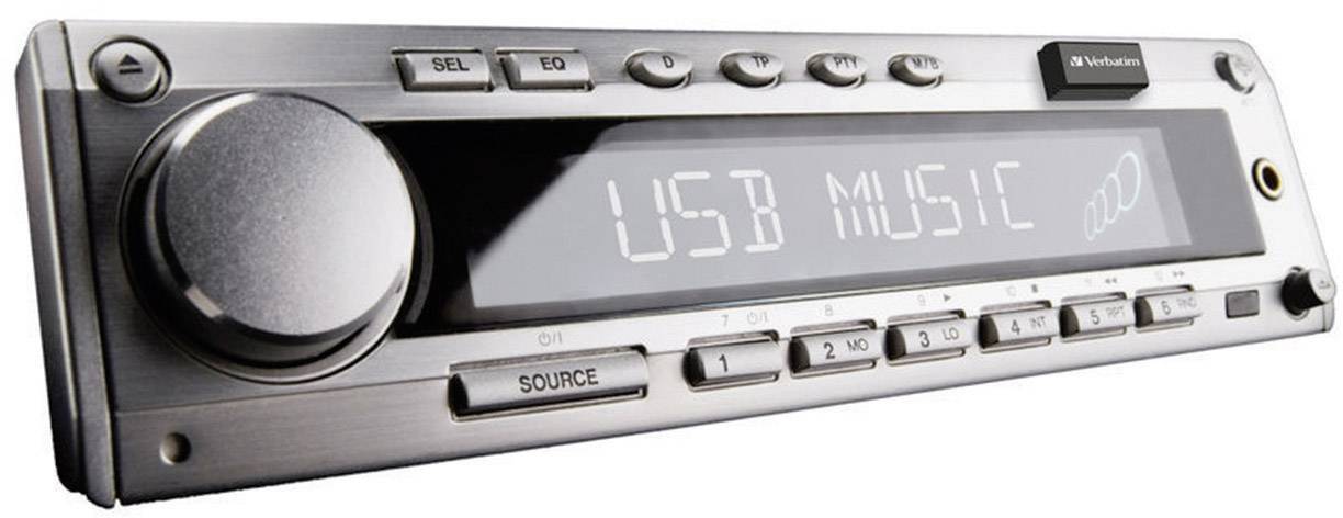 Autoradio met display waarop 'USB MUZIEK' wordt weergegeven. Bedieningselementen voor zenders en volume zichtbaar. Moderne, metaalachtige uitstraling.