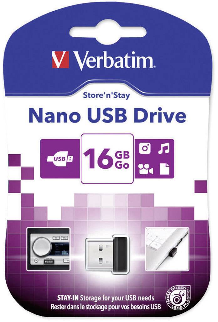 Nano USB-stick 'Verbatim' met 16 GB opslagcapaciteit. Verpakking toont symbolen voor foto's, muziek en bestanden.