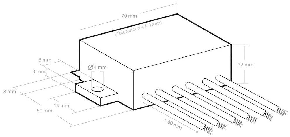 Technische tekening van een rechthoekige elektrische component met afmetingen: 70 mm lengte, 22 mm hoogte, kabelaansluitingen aan de rechterzijde.