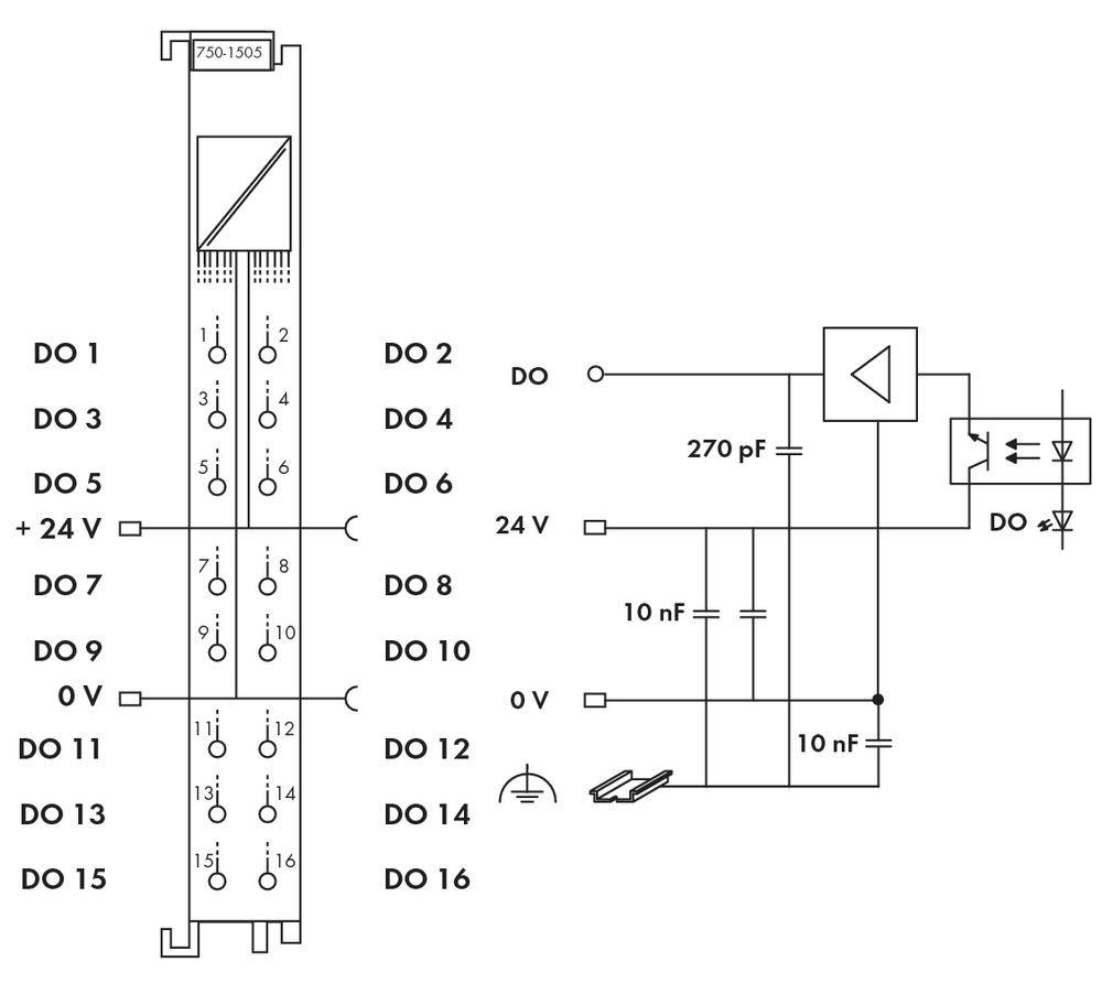 Bedradingsschema van een digitaal uitgangsmodule toont aansluitingen en schakeling met weerstanden, diodes en transistors voor signaalverwerking.