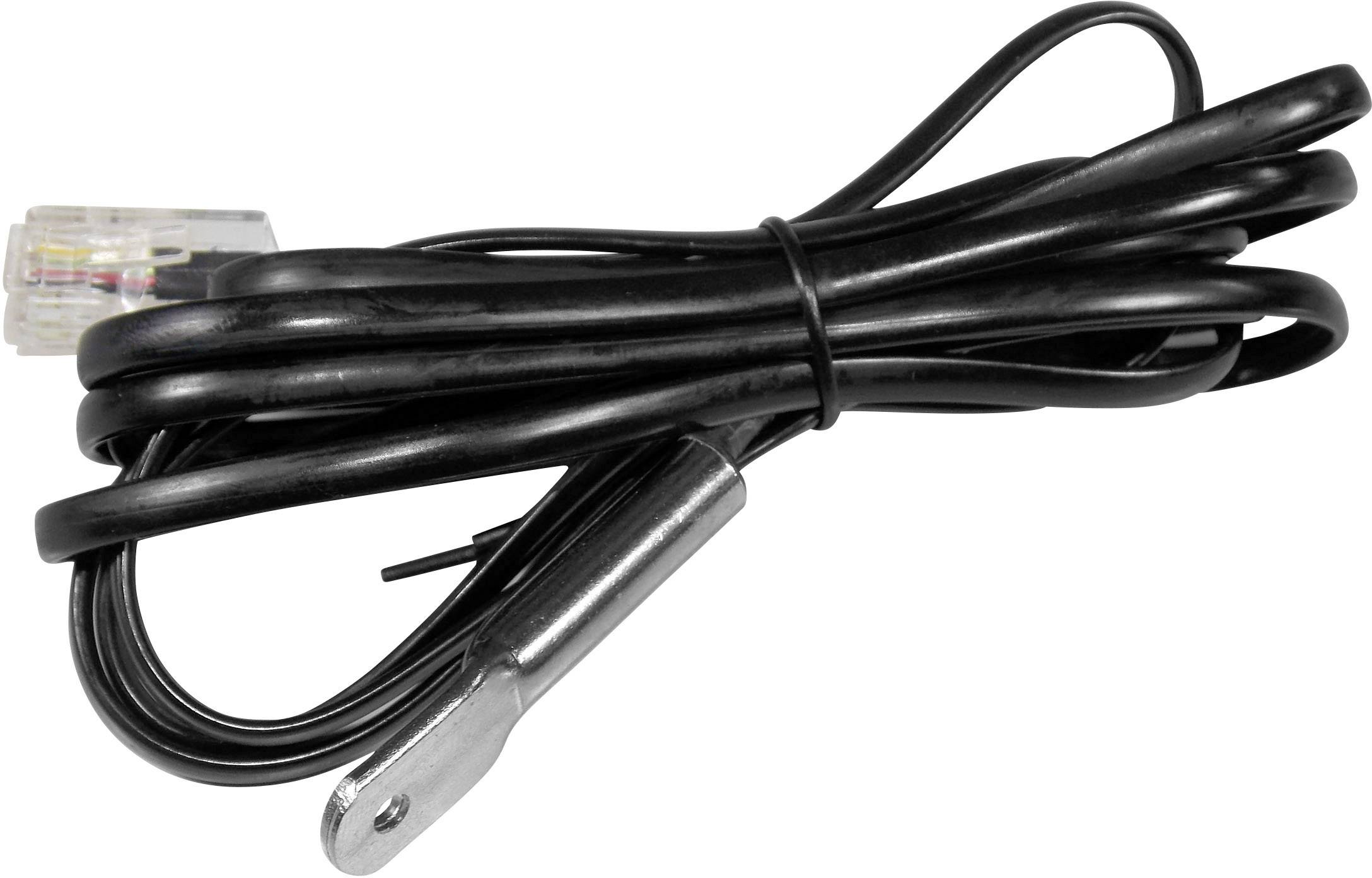 Een zwarte kabel met een RJ12-connector en een metalen sensor, geschikt voor temperatuurmetingen in elektronische apparaten.