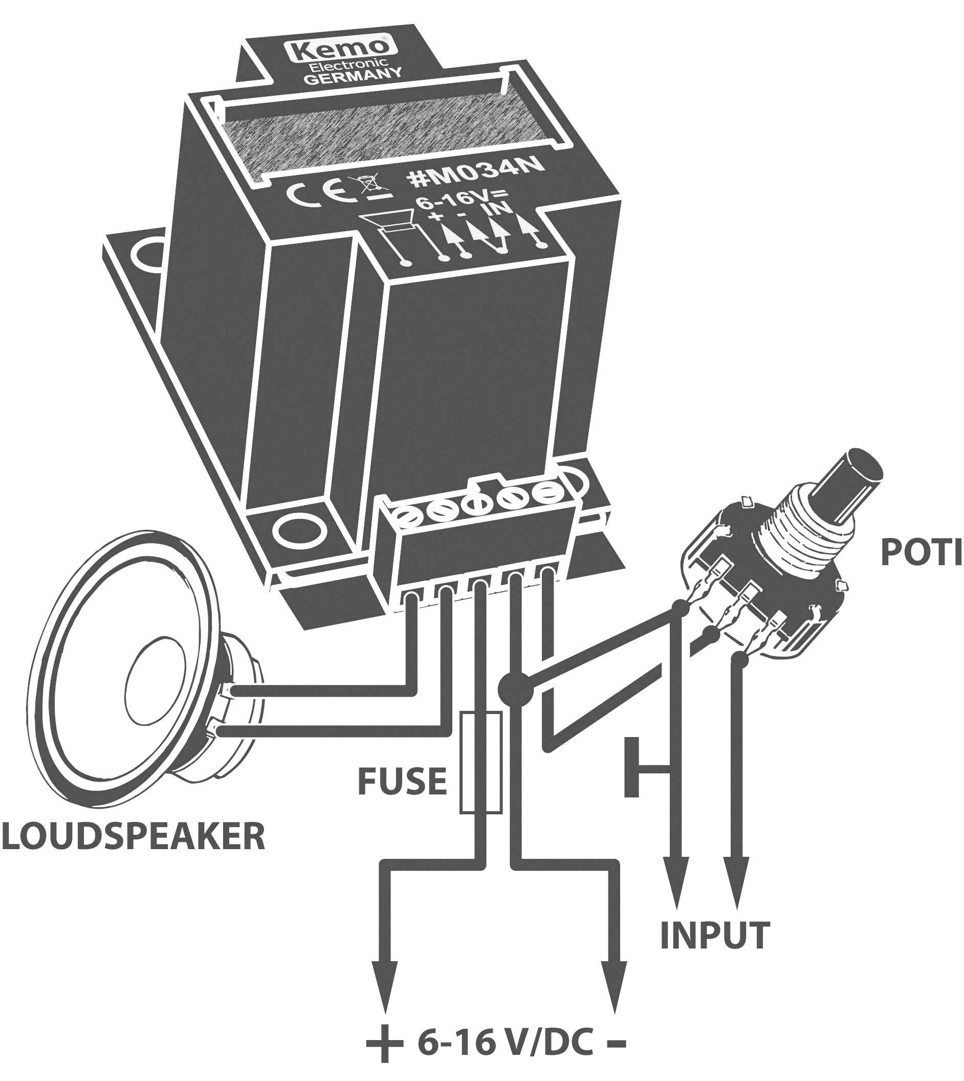 'Schakelschemadeel van een versterker' toont aansluitingen: luidspreker, zekering, ingang, potentiometer. Bedrijfsspanning 6-16 V/DC.