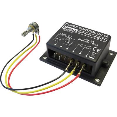 'Stroomregelaar DC 5A', zwarte behuizing, met meerdere kabelaansluitingen. Geschikt voor gelijkspanning 4,8-28 V DC, max. belasting 5A.