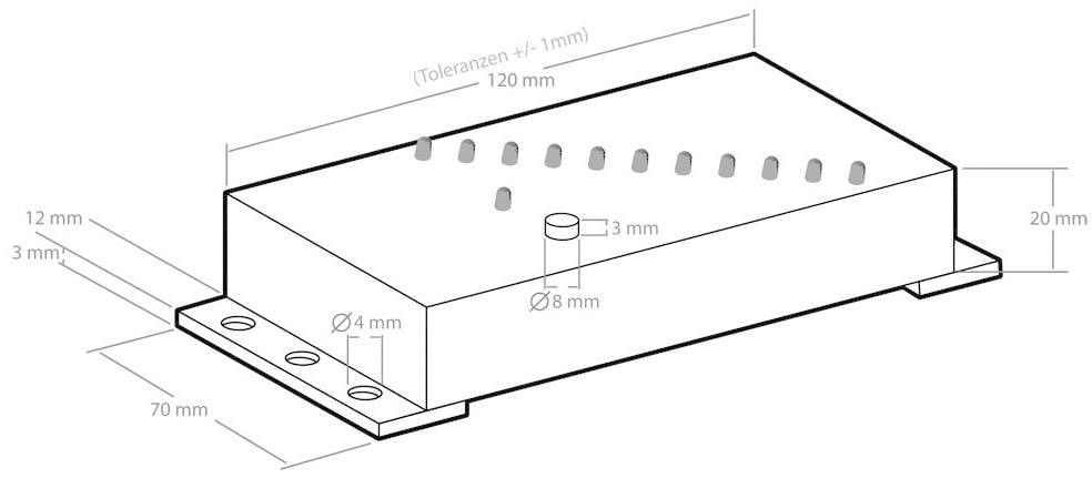 Technische tekening van een rechthoekige metalen behuizing, afmetingen: 120 mm x 70 mm x 20 mm, met gaten en toleranties weergegeven.